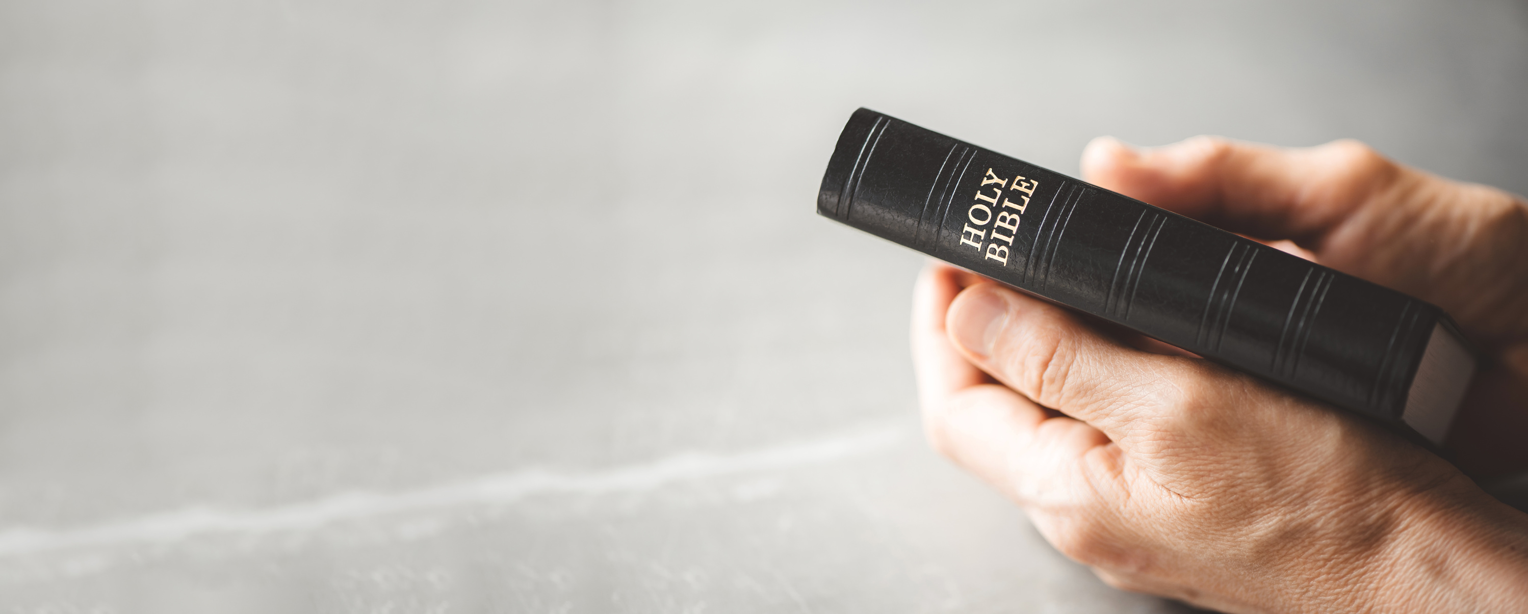 Hands Holding Holy Bible over Grey Background